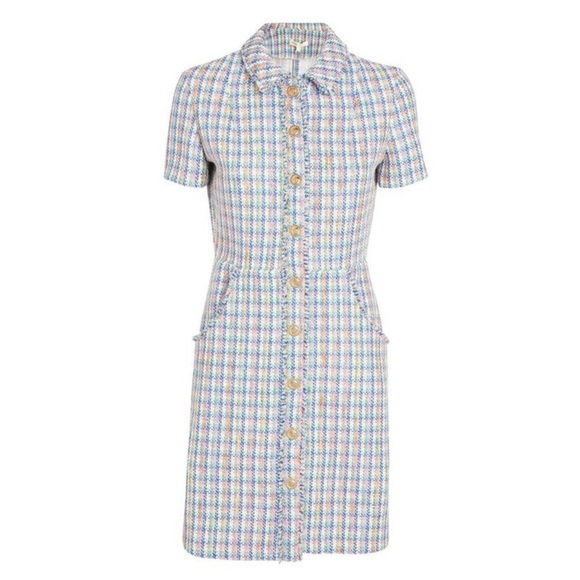 Maje Renizam Blue Metallic Multicolor Tweed Embossed Button Short Sleeve Dress - Picture 2 of 8